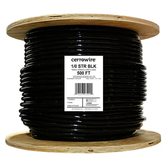 Marmon Home Improvement 500 ft. 1/0 Gauge Black Stranded Copper THHN Wire (500', Black)