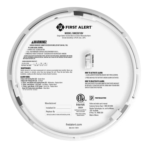 First Alert's SMCO210V 10-Year Sealed Battery Combination Smoke and Carbon Monoxide Alarm with Voice and Location Alerts