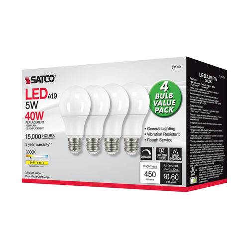 Satco S11451 5A19/LED/830/120V/D/4PK