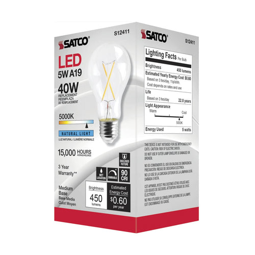 Satco S12411 5A19/CL/LED/E26/950/120V