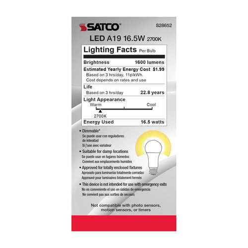 Satco Products S28652 16.5A19LED/927/120V