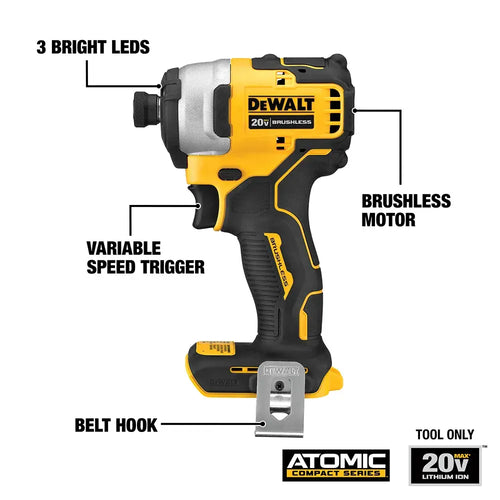DeWalt 20V MAX* ATOMIC™ Brushless Cordless 1/4-in. (6.4mm) Compact Impact Driver (Tool Only)