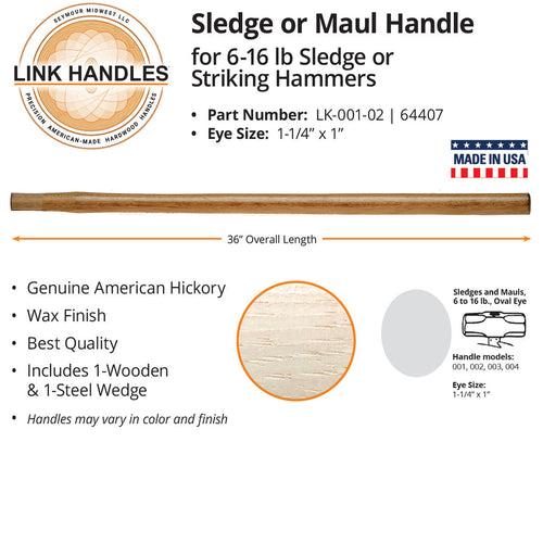 Seymour Midwest 36 Sledge or Maul Handle, For 6 To 16 Lb Sledge or Striking Hammers, Oval Eye