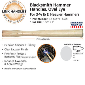 Link Handles 16" engineer's or blacksmith's hammer Handle, oval eye, for 3-1/2 lb. and heavier hamm