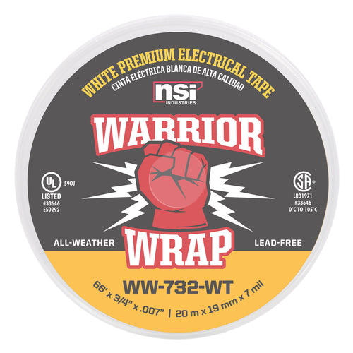 NSI Industries WW-732-WT WarriorWrap Premium Medium 3/4 in. x 66 ft. 7 mil Vinyl Electrical Tape, White