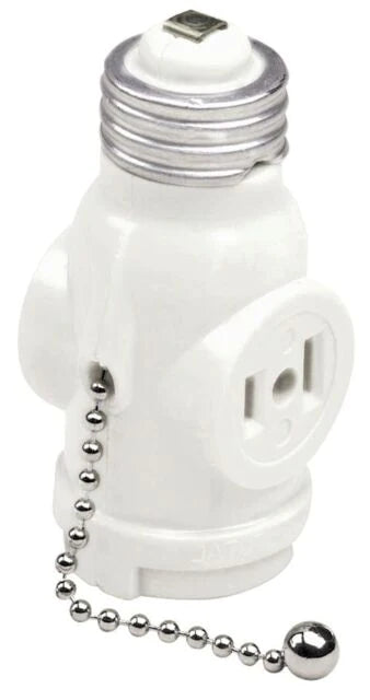 Leviton 1406-W 660 Watt, 125 Volt, Two Outlet With Pull Chain Socket Adapter, White